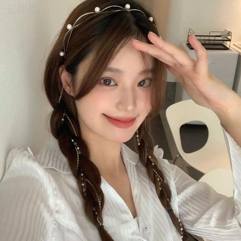 New super fairy pearl long tassel headband braided hair chain dreadlock chain colorful rope ponytail hair tie hair accessory mermaid legend