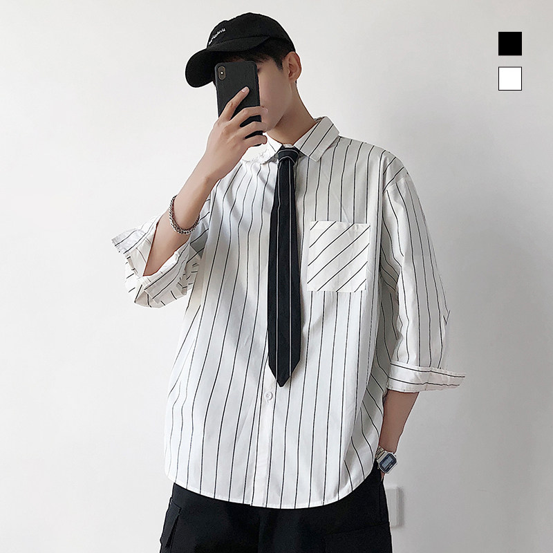 Summer Student Han version Body Vertical Stripe 7 70% Sleeves White Shirt Trend Short Sleeve Shirt Suit Man Handsome 100 lap