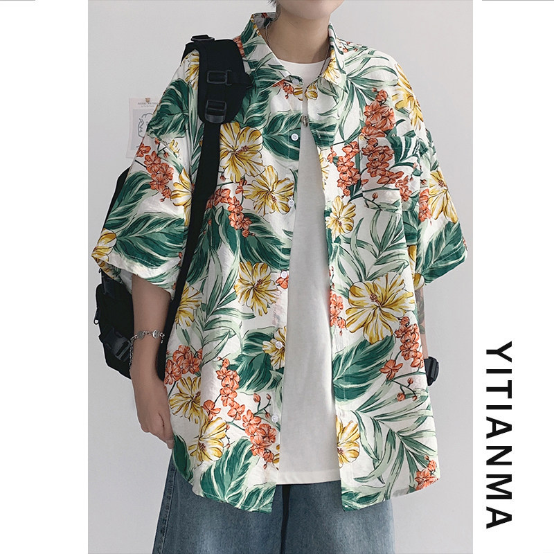 Hawaiian wind ice wire loose shirt male holiday wind printing in tide and shredded flower casual cool shirt