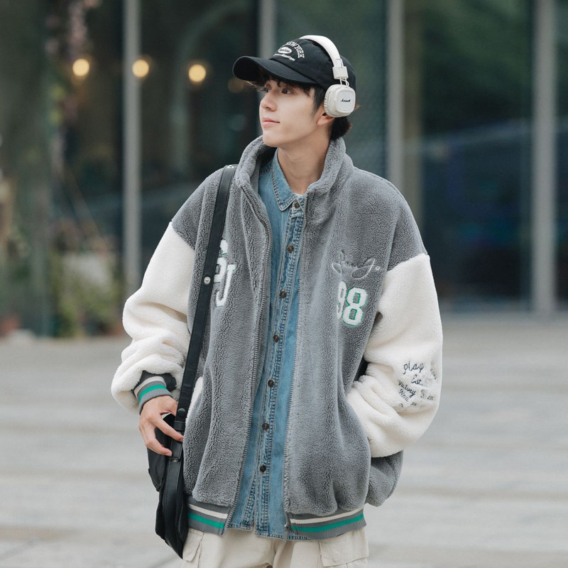 Winter teenager trend plus thickened towel embroidered cotton jacket lamb plush collar coat for men's cotton clothes