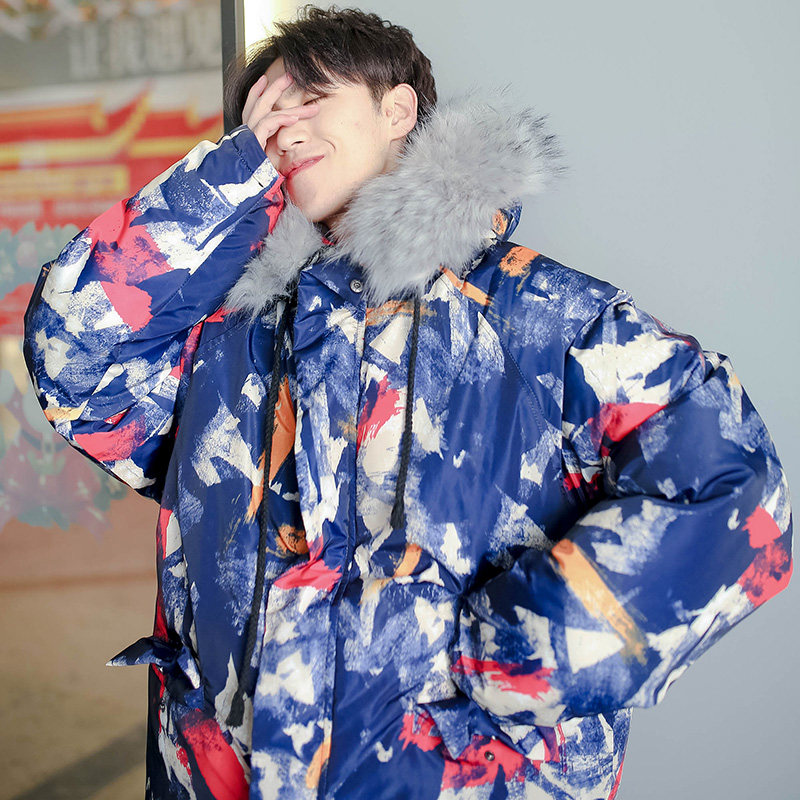 Tide-card camouflages cotton clothes removable woolen collar with cap laying cotton jacket male winter thickened winter dress Korean version trendy loose jacket