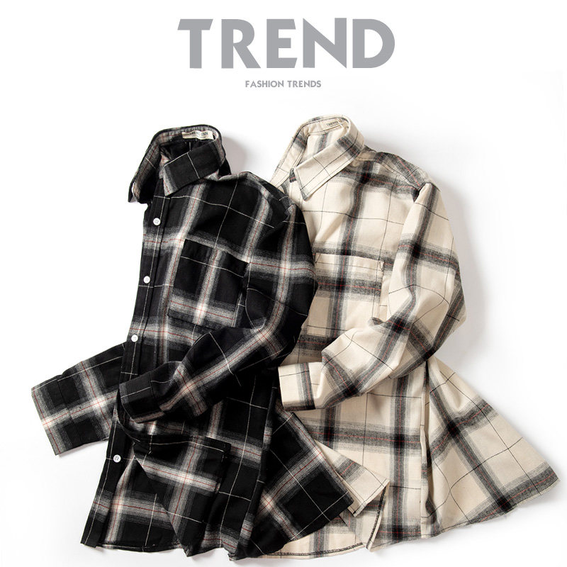 Port Wind Black Men Tide Card Retro Loose Casual 100 Hitch Plaid Shirt Man Long Sleeve Korean Version Wave Outside Wearing Shirt