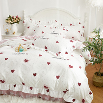 Net red cotton bed four-piece set 100 cotton ruffles bed bed skirt quilt cover girl heart princess style bed