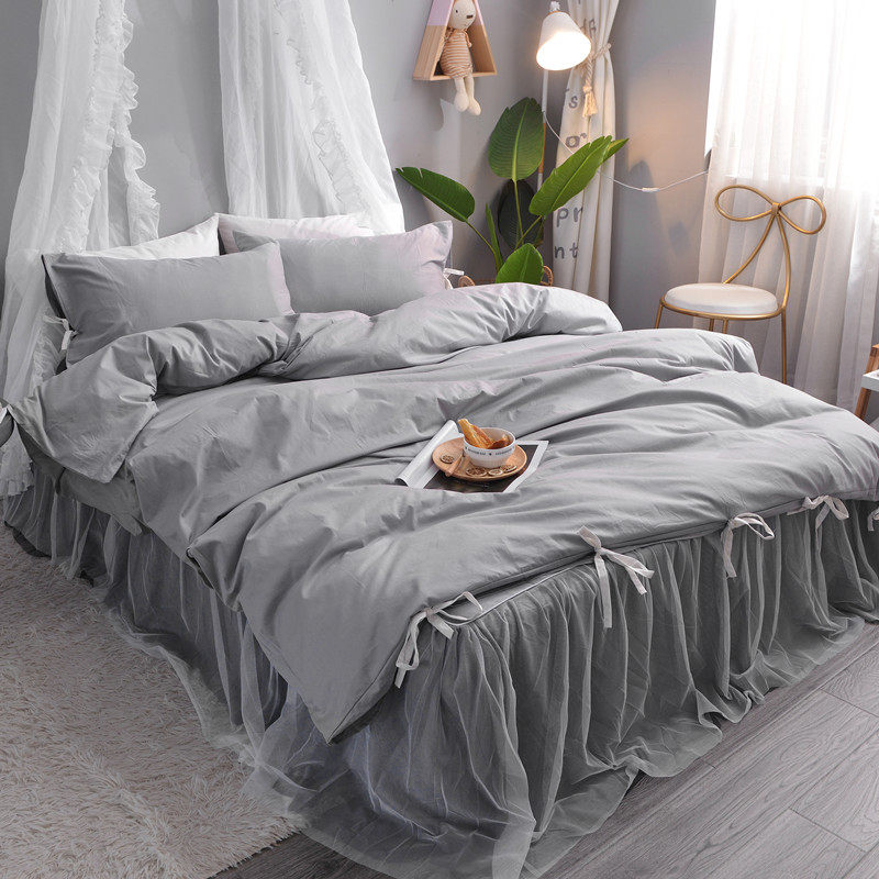 Korean lace lace lace all cotton - gray princess breeze skirt four pieces are set for pure cotton 1 8m bed