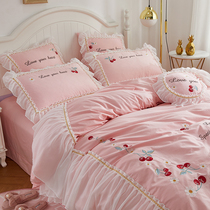 ins Net Red Girl lace ruffles cotton four-piece princess style bed cotton quilt cover sheets summer