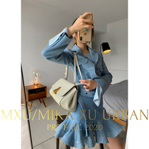 MXU beautiful smog blue autumn fashion foreign style small man set female retro denim jacket short skirt two-piece set