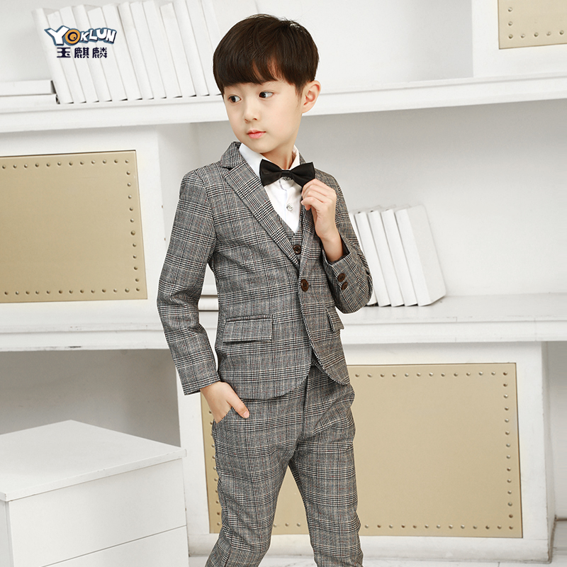 Boys' suit set three-piece set of spring and autumn handsome children's leisure autumn and winter plus velvet suit British little flower child dress