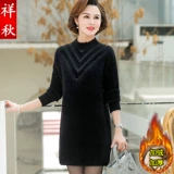 Утепленный длинный демисезонный свитер для матери, трикотажное трикотажное платье, средней длины, для среднего возраста