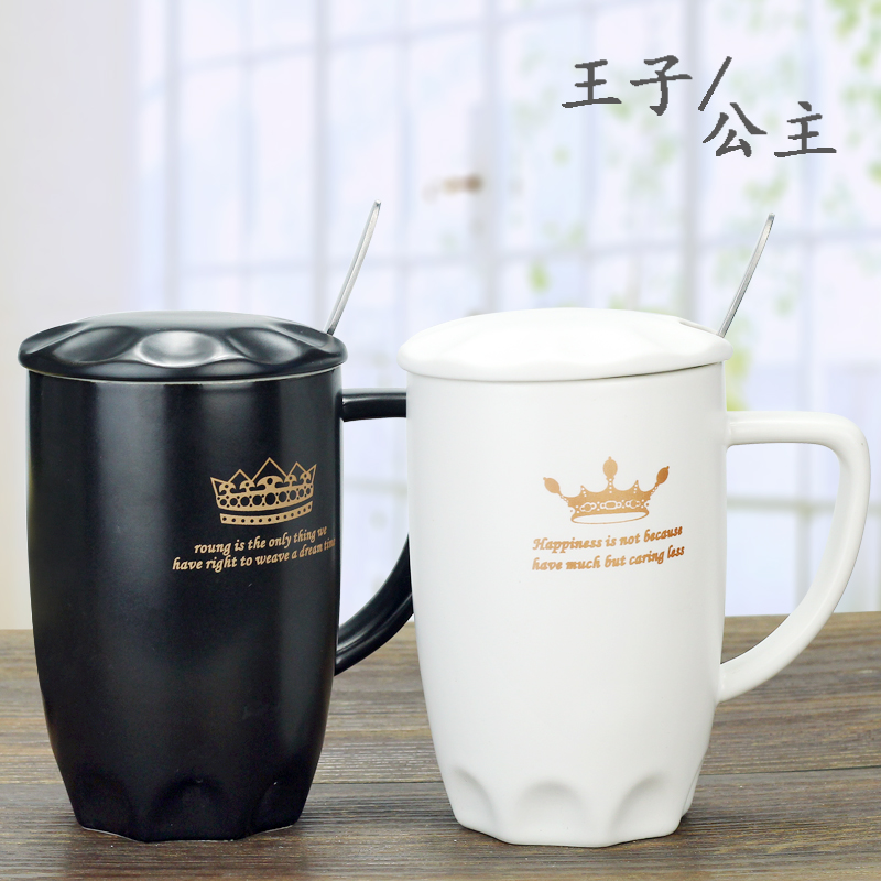 BLACK AND WHITE CERAMIC CUP 1314 MARK CUP COFFEE CUP MILK CUP LOVERS ' CUP CREATIVE CUP WITH LID SPOON WATER CUP