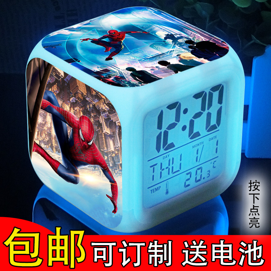 Spider-Man Spider-Man Animation Children's Student Bedside Alarm Clock Mute Colorful Clock LED Luminous Night Light DIY Customization