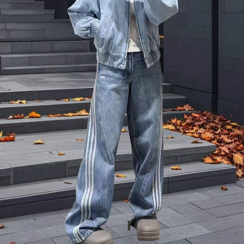 Song Yuqi Style Three-Stripe Retro Jeans for Women, Slimming Loose Wide-Leg Pants, Sporty Casual Unisex Long Pants