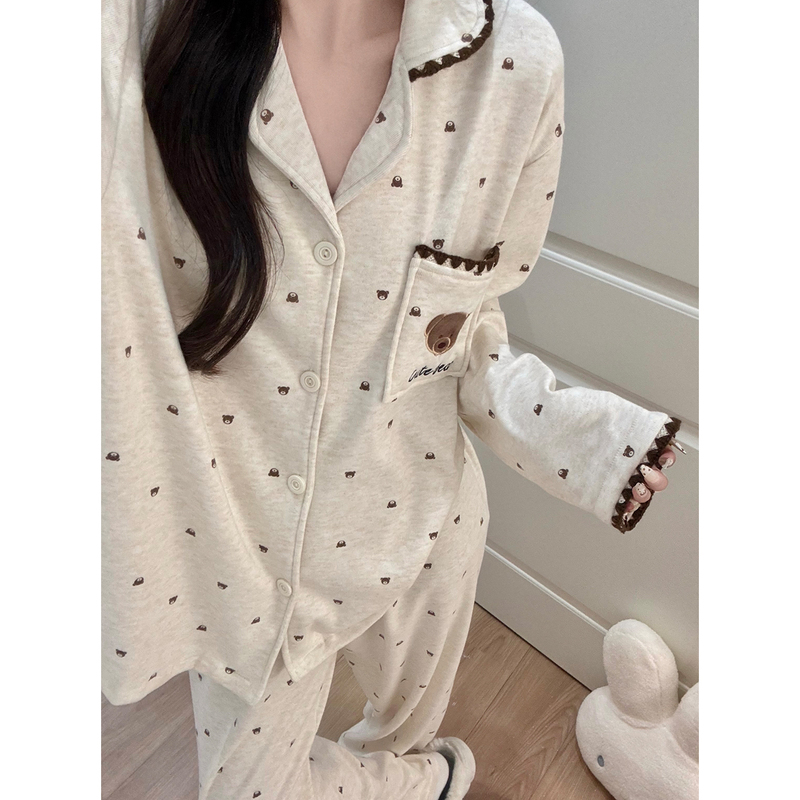 Korean Cute Bear Color-Blocked Pajamas for Women, New Autumn and Winter Thickened Thermal Velvet Warm Student Loungewear Set Korean Cute Bear Color-Blocked Pajamas for Women, New Autumn and Winter Thickened Thermal Velvet Warm Student Loungewear Set