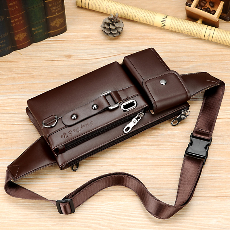 Leather waist bag men's small satchel top layer leather chest bag men's portable small bag sports casual mobile phone wallet