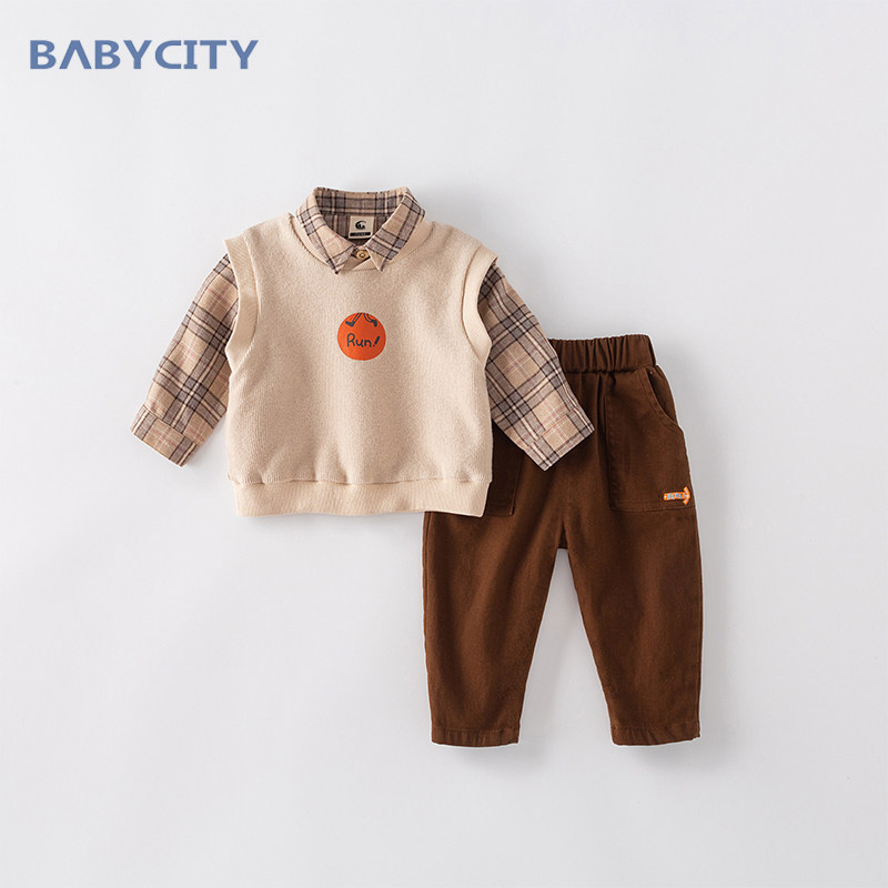 Baby autumn suit 2020 new 1-3-year-old boy knitted vest three-piece set children's Korean shirt suit