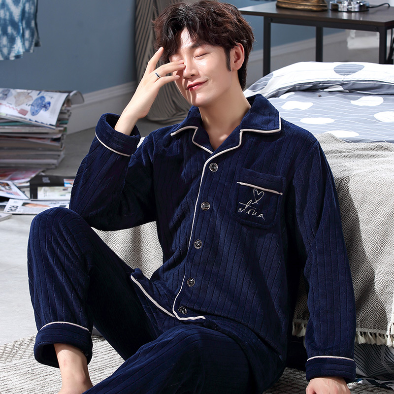 Winter Coral Fleece Pajamas Youth Men's Suit Thickened Flannel Warm Plus Velvet Autumn and Winter Spring and Autumn Homewear