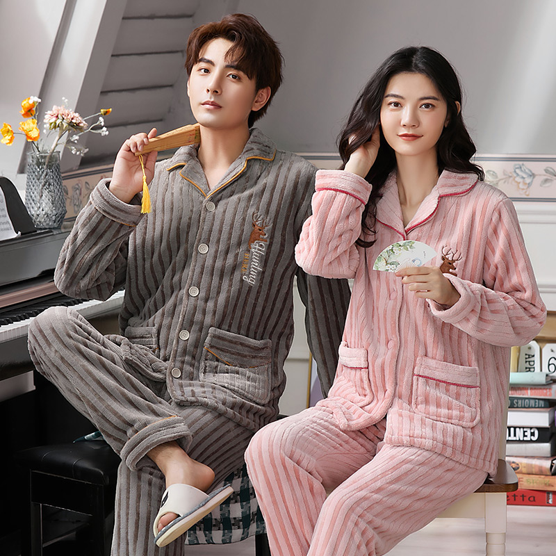 Lovers pyjamas women's autumn and winter coral suede thickened and velvety flannel winter men's home conserved suit can be worn out