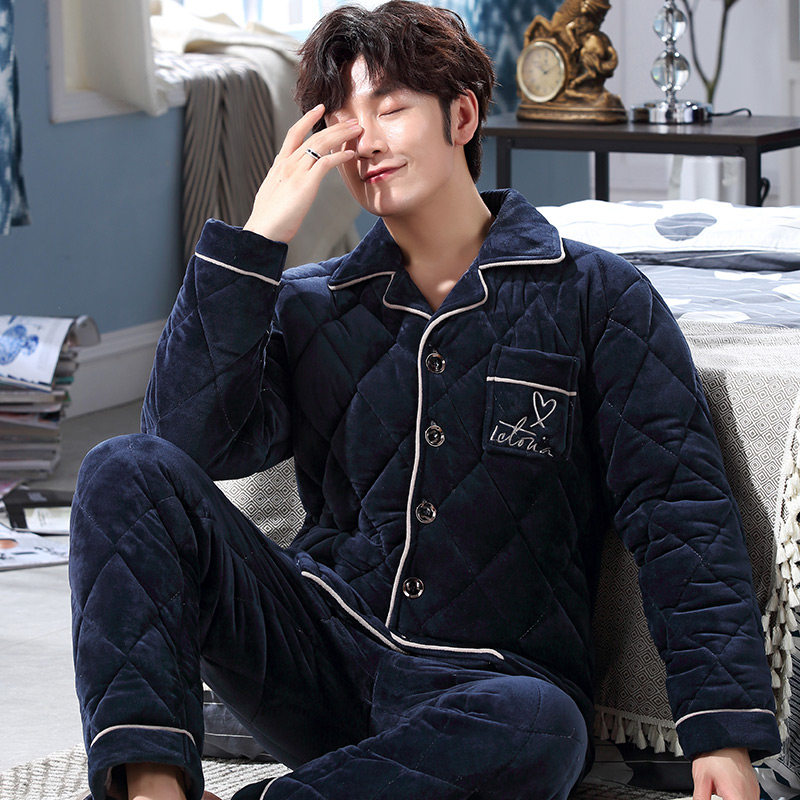 Men's sleepwear autumn and winter models 3 layers of thickened laminated cotton plus suede suit flannel warm coral suede home for winter