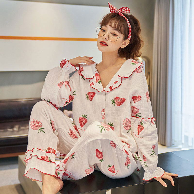 Pyjamas Spring and Autumn Summer long sleeve cotton gauze sweet girl all-cotton thin cute home dress two pieces suit