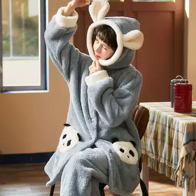 Autumn and winter flannel pajamas Women's velvet thickened coral velvet warm and cute home clothes winter sweet suit