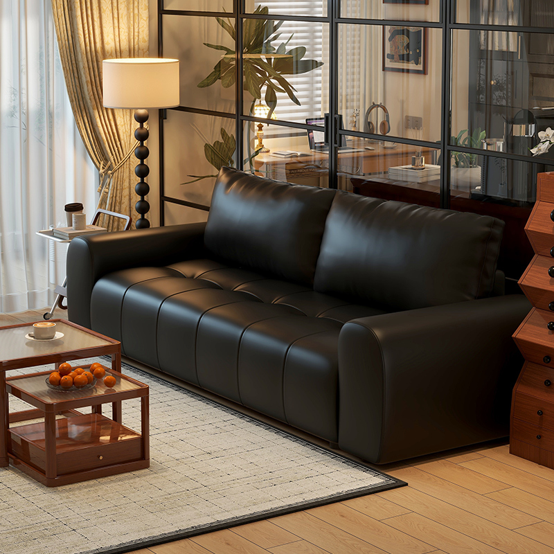 Retro-Style Small Apartment Leather Sofa, Italian Minimalist Style, Straight-Row Two or Three-Seater, Black and Brown Leather Sofa