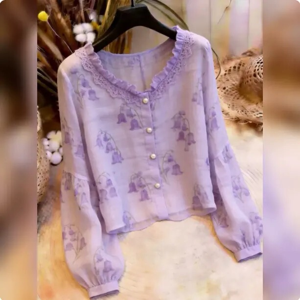 Minimalist Style Purple Printed Long-Sleeve Shirt for Women 2026 Fashionable Casual Lace-Trimmed Button-Up Commuter Top