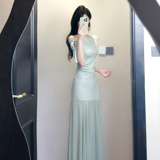 French pure desire slanted shoulder waist mesh hip cover dress