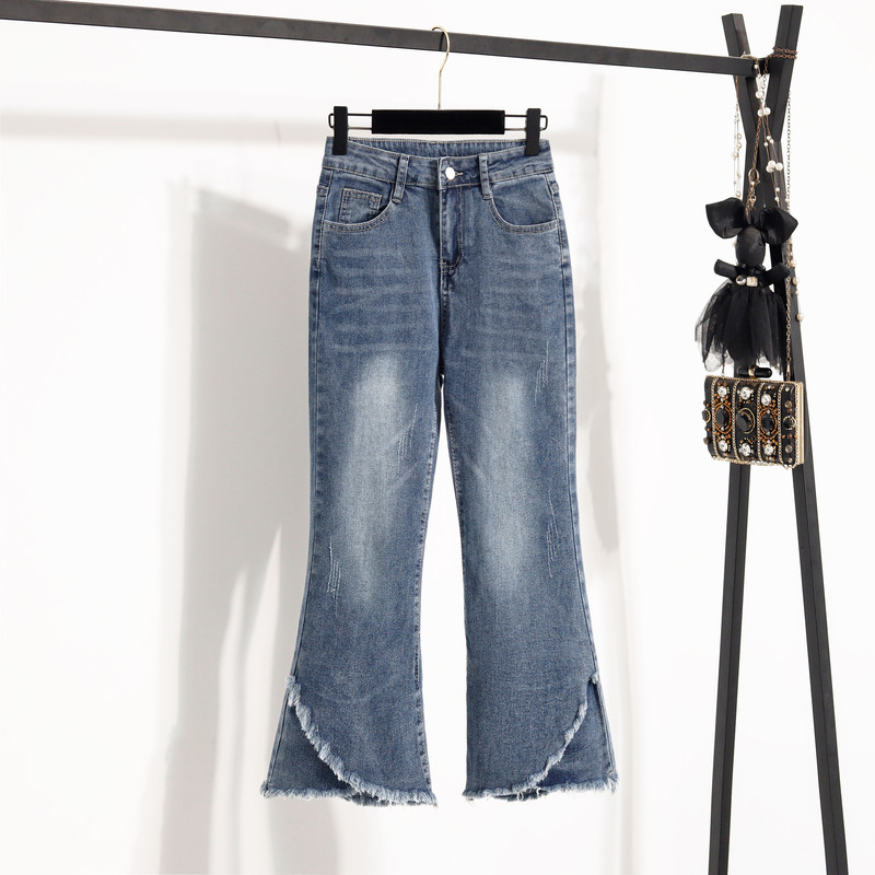 Spring and Autumn New Plus-Size High-Waisted Stretchy Slim-Fit Flared Jeans for Women, Cropped with Frayed Hem
