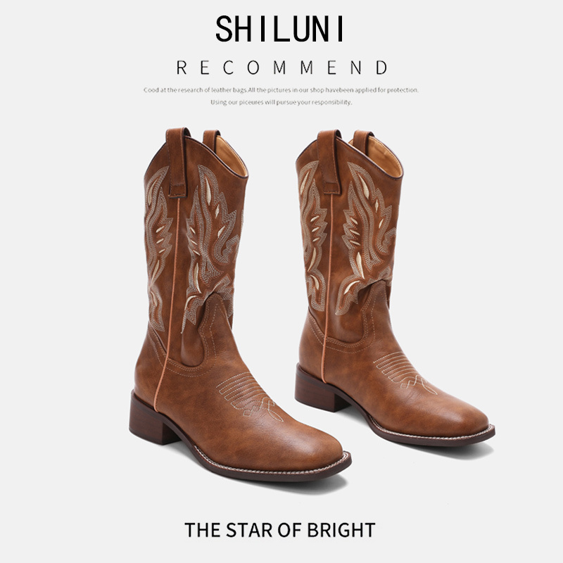 American Western Cowboy Boots for Women, Embroidered Genuine Leather, 2026 New Style, Brown Retro Melard Riding Boots, Xinjiang Boots