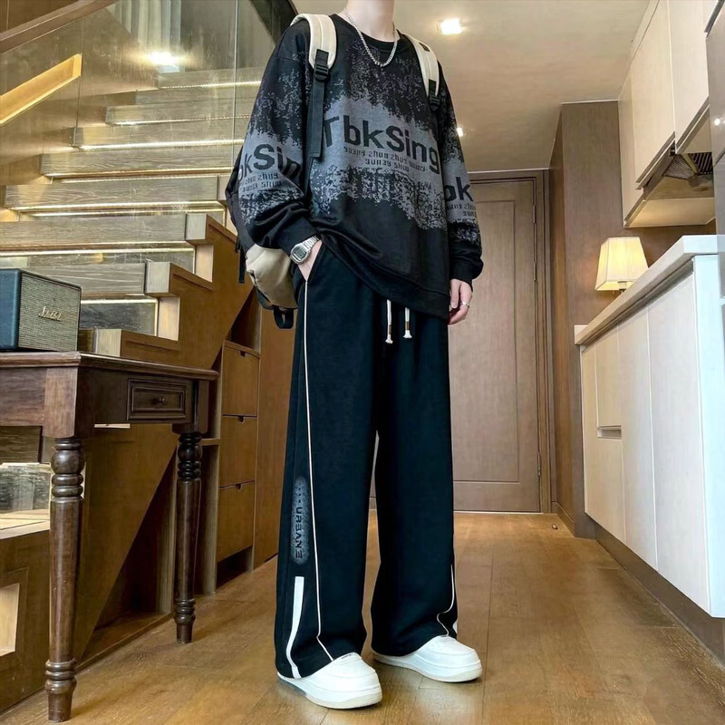 Extra Large Size 150kg Men's Sports Suit, Spring and Autumn Style, Trendy Crewneck Sweatshirt, Loose Casual Pants, Two-Piece Set