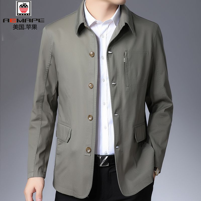 American Apple All-Cotton Jacket for Men, Spring and Autumn Pure Cotton Short Trench Coat, Business Casual Middle-Aged Dad Men's Top Jacket