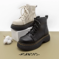 化雾语 Martens, демисезонные кожаные утепленные ботинки на платформе, подходят для весны и осени, круглый носок