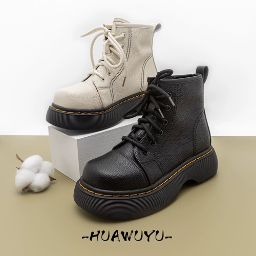 化雾语 Martens, демисезонные кожаные утепленные ботинки на платформе, подходят для весны и осени, круглый носок
