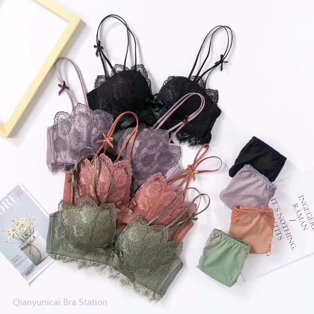 Lace Lavender Butterfly Knot Lingerie Girl Poly sexy beauty back lingerie suit thickened No steel ring small bra