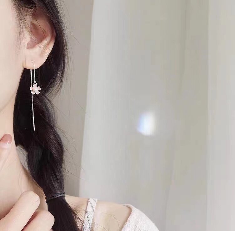 925 pure silver cherry blossom ear line powder flower baub long stream earrings sweet super fairy ear crash
