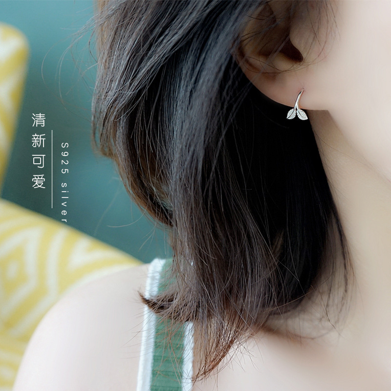 Original design Spring new fresh leaves germinate S925 pure silver ear needle ear hook earrings with a gift