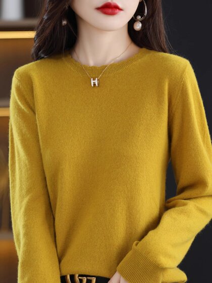 软糯休闲花边圆领打底衫女新款洋气2023年秋冬毛衣长袖针织衫宽松