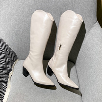 Pointed western cowboy long barrel female rider high heel thick heel high cylinder but kneecap white