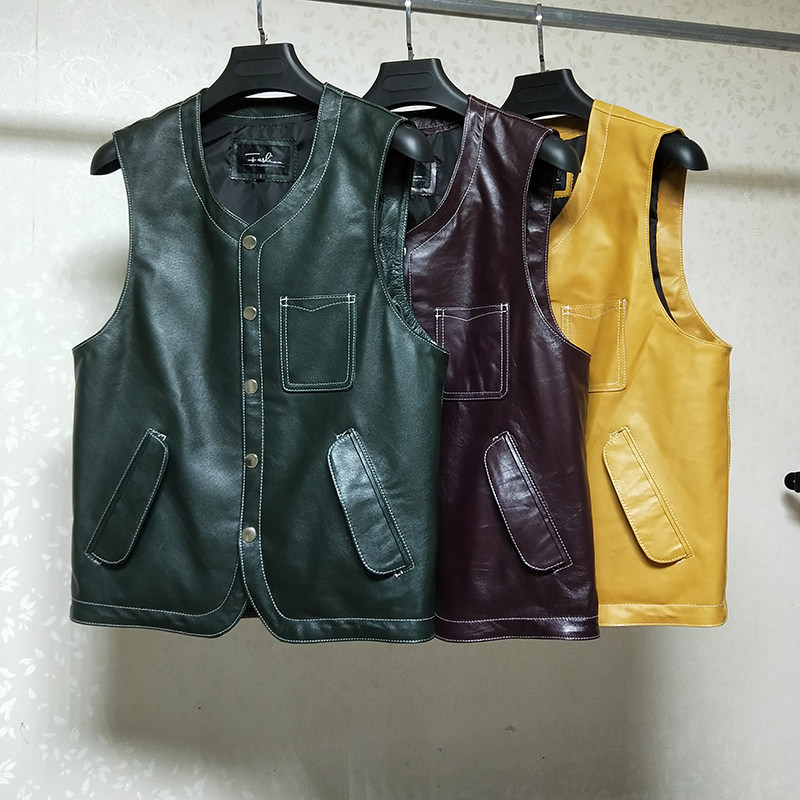 Pick up the new top layer sheepskin leather leather jacket men's vest soft cowhide V-neck casual slim vest large size