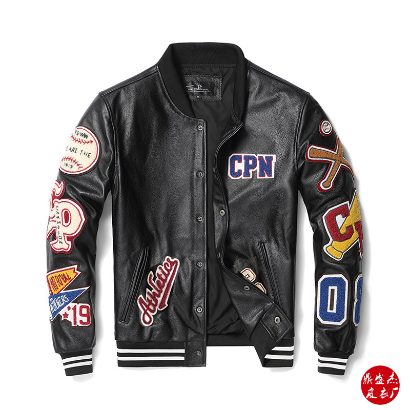 New Import Head Layer Calf Leather Leather Clothing Male Embroidery Multiscale Baseball Suit Leather Jacket Large Size Yard Locomotive Youth Jacket