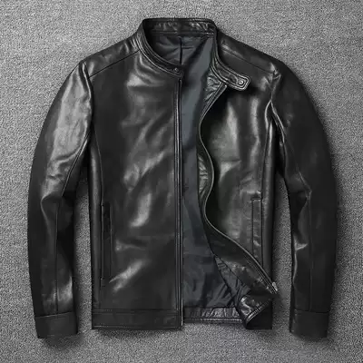 Imported first layer sheepskin leather leather clothing Men's leather jacket stand-up collar slim leather jacket Simple motorcycle suit large size