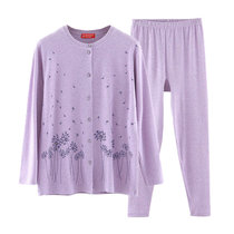 Autumn and winter autumn clothes and long trousers for women pure cotton suits for middle-aged and elderly women woolen satin thin section large size mothers double-breasted warm cardigan underwear