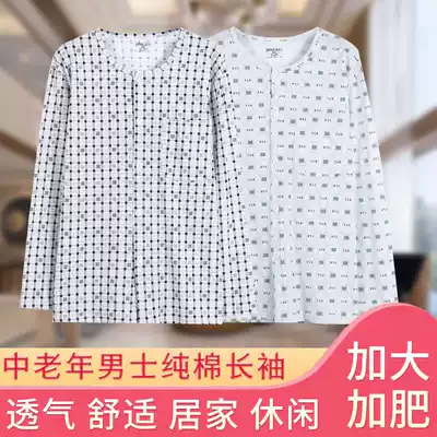 Spring and summer middle-aged and elderly cotton sweat cloth cardigan autumn clothes men's thin long sleeve round neck plus fat large single home pajamas