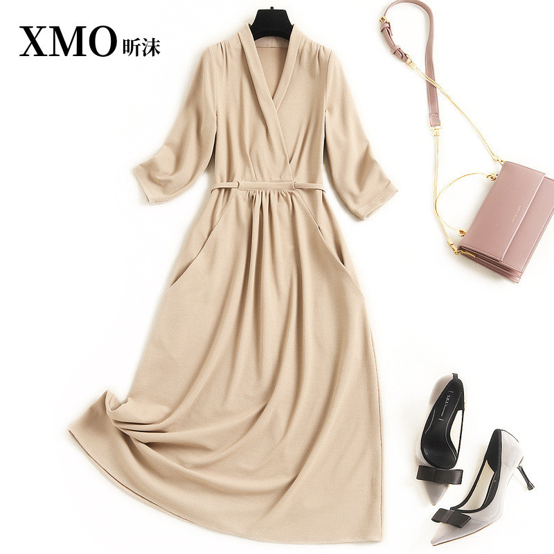 High-End Long-Sleeved Elegant Drawstring Waist V-Neck Dress, Mature Style, Solid Color, Slimming, Mid-Length A-Line Dress, Plus Size Spring Wear
