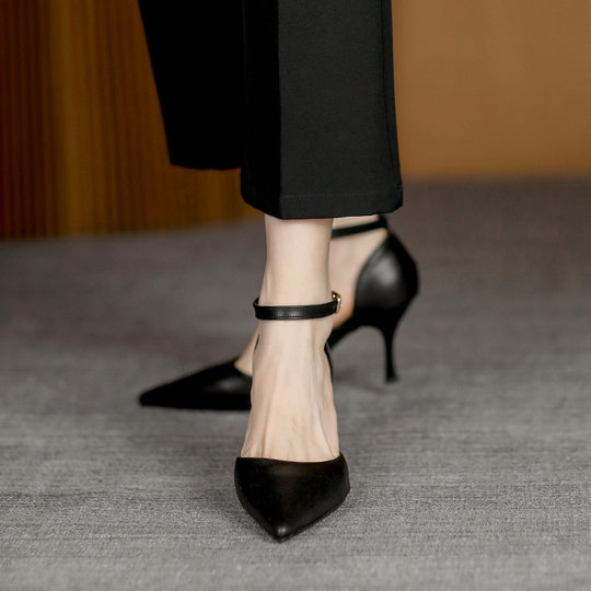 One-Strap Stiletto High Heels for Women, Summer 2025 New Style, Soft Leather Low Heels, Comfortable for Feet, Black Work Sandals for Women