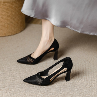 Summer Breathable Hollow Small Thick Heel Stiletto Professional Work Shoes High Heels Women's 2025 New French Pointed Toe Shoes