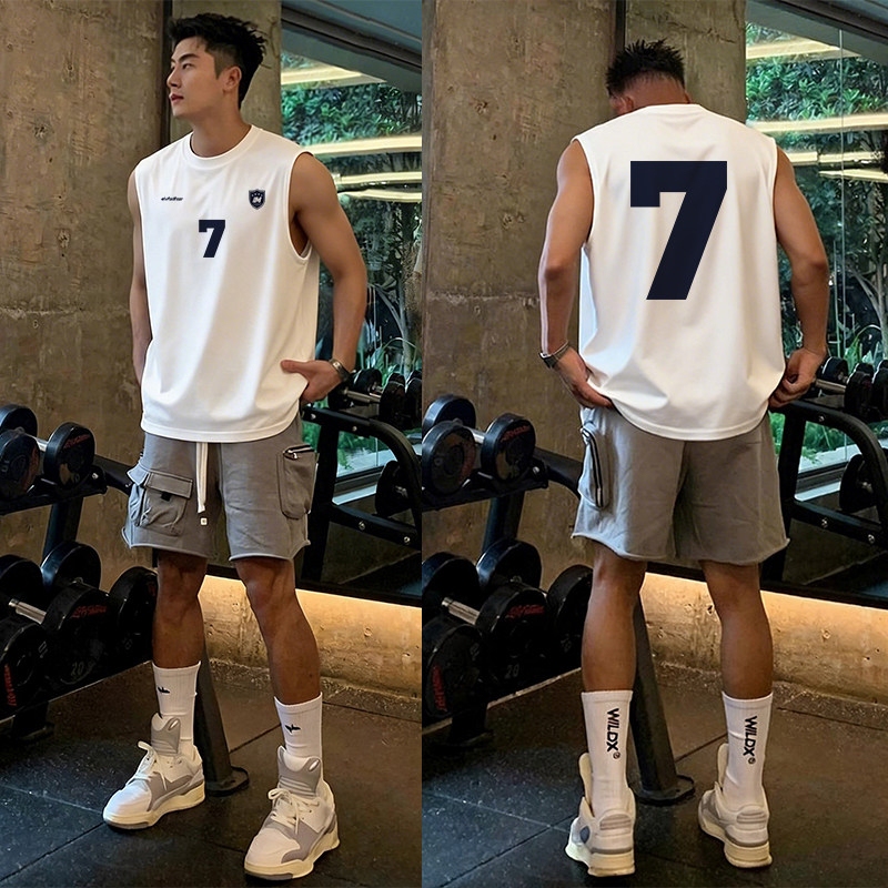 Heavy Weight Cotton 230g Men's Sports Vest Summer Fitness Sleeveless T-Shirt Loose Round Neck Sweat Vest Simple Style