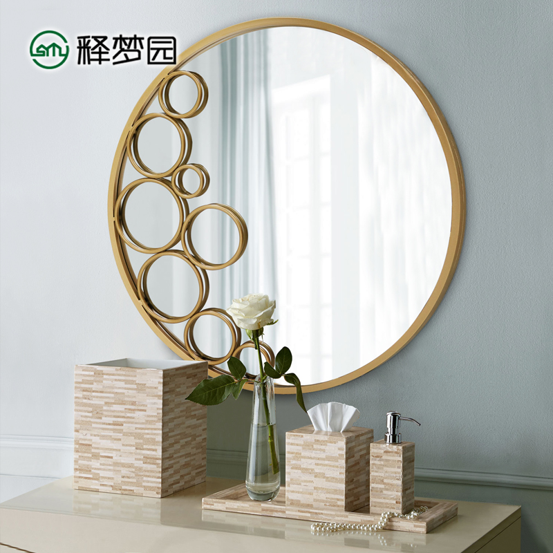Nordic stainless steel round bathroom mirror wall-mounted makeup mirror wall-mounted background wall entrance decorative mirror 2068