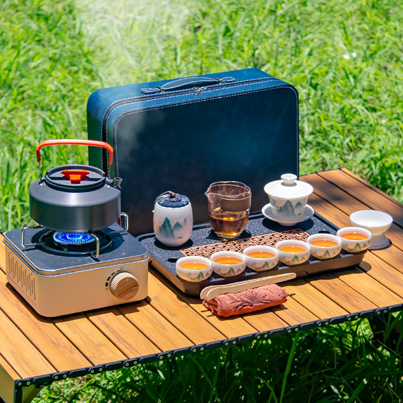 Portable Outdoor Travel Tea Set with Cassette Stove for Brewing Tea, Camping, and Picnics, Including Tea Maker and Tea Cup Equipment