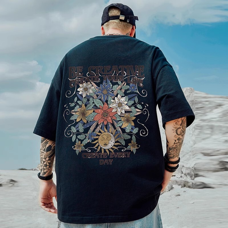 Hong Kong Trendy Brand Heavyweight Loose T-Shirt for Plus-Size Men, Short-Sleeved, Extra Large, Five-Quarter Sleeves, Pure Cotton, Chinese Style, Large Size Men's Clothing