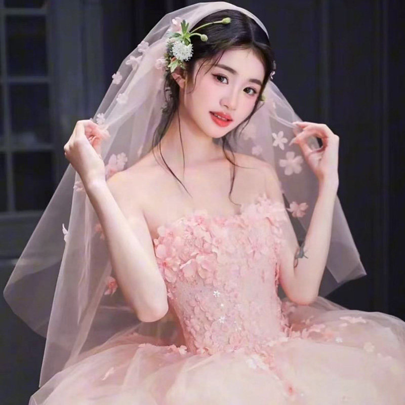 Super fairy pink petal veil headdress, a must-have for forest-style brides for wedding travel Super fairy pink petal veil headdress, a must-have for forest-style brides for wedding travel